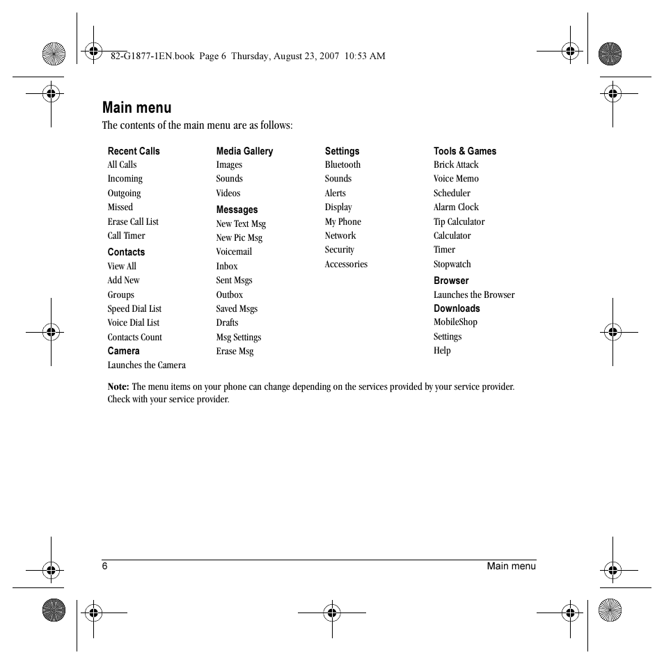 Main menu | Kyocera Deco E1000 User Manual | Page 14 / 80