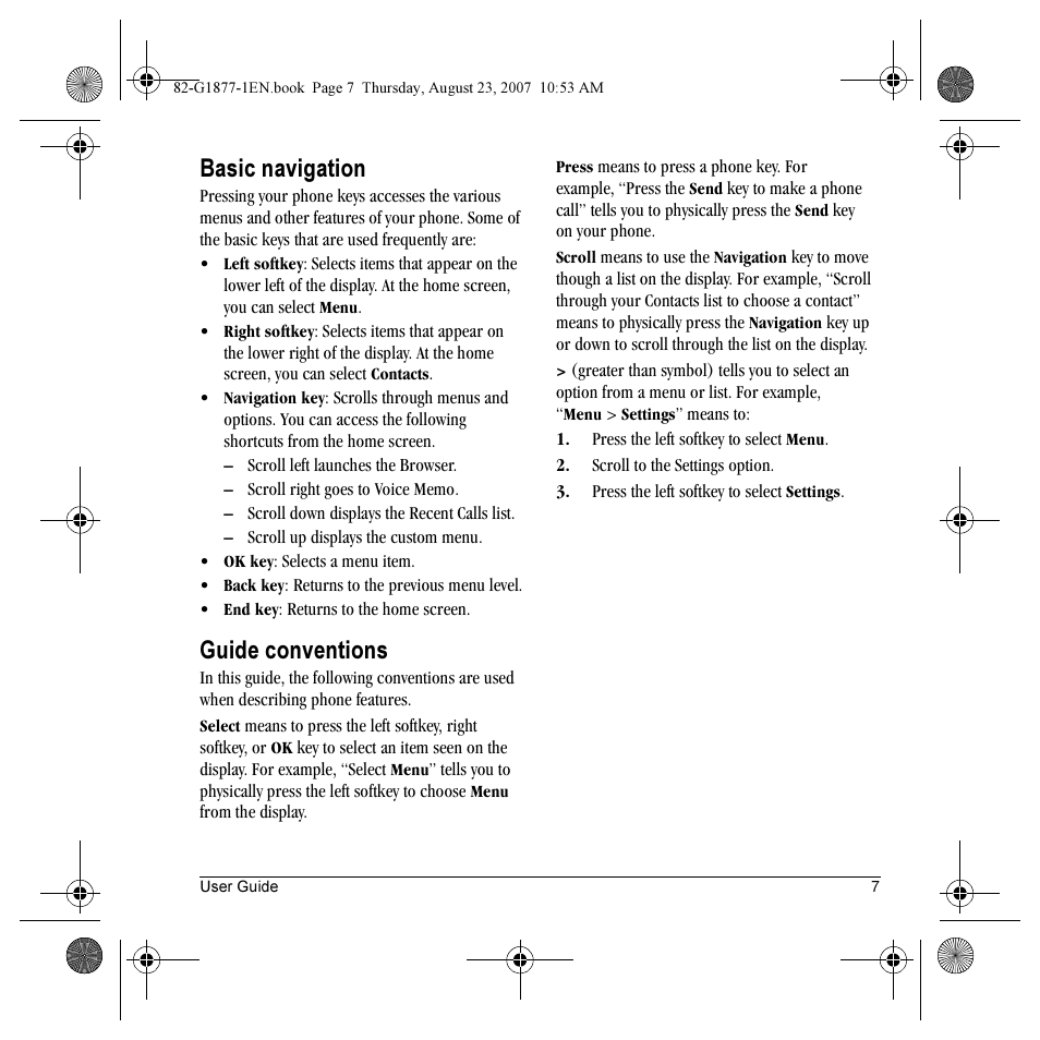 Basic navigation, Guide conventions | Kyocera Deco E1000 User Manual | Page 15 / 80