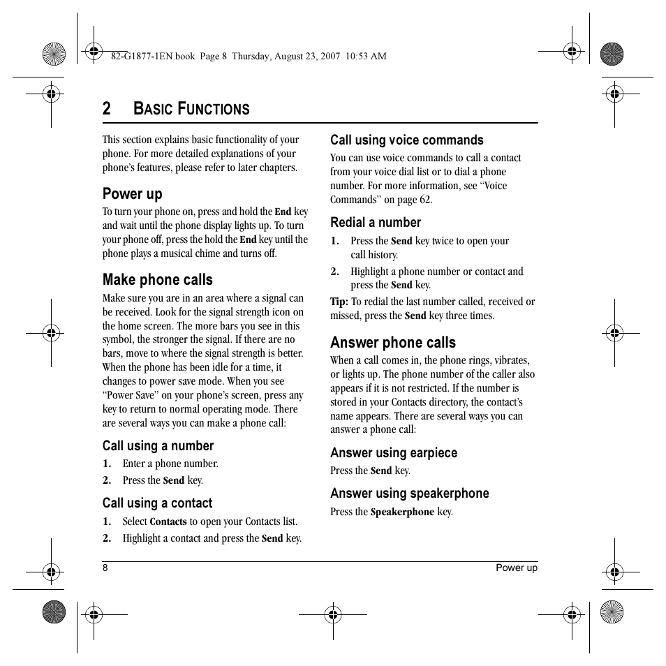 Power up, Make phone calls, Answer phone calls | Kyocera Deco E1000 User Manual | Page 16 / 80