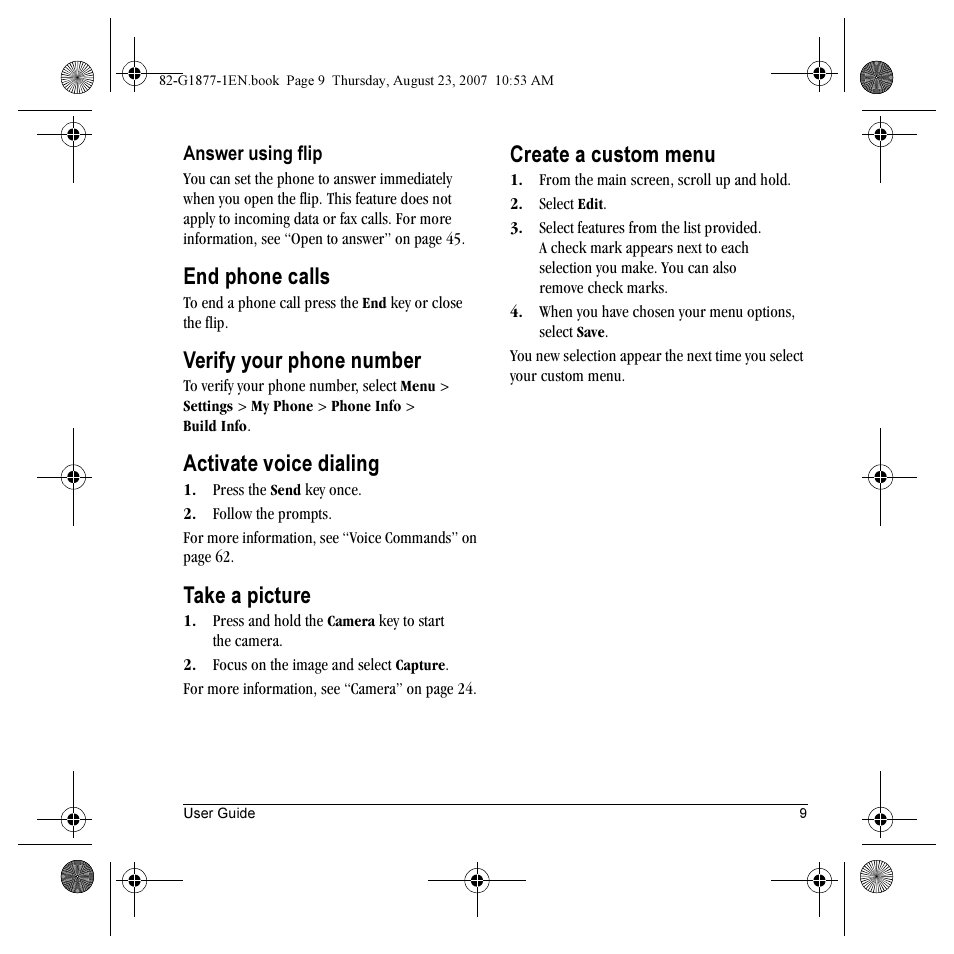 End phone calls, Verify your phone number, Activate voice dialing | Take a picture, Create a custom menu | Kyocera Deco E1000 User Manual | Page 17 / 80