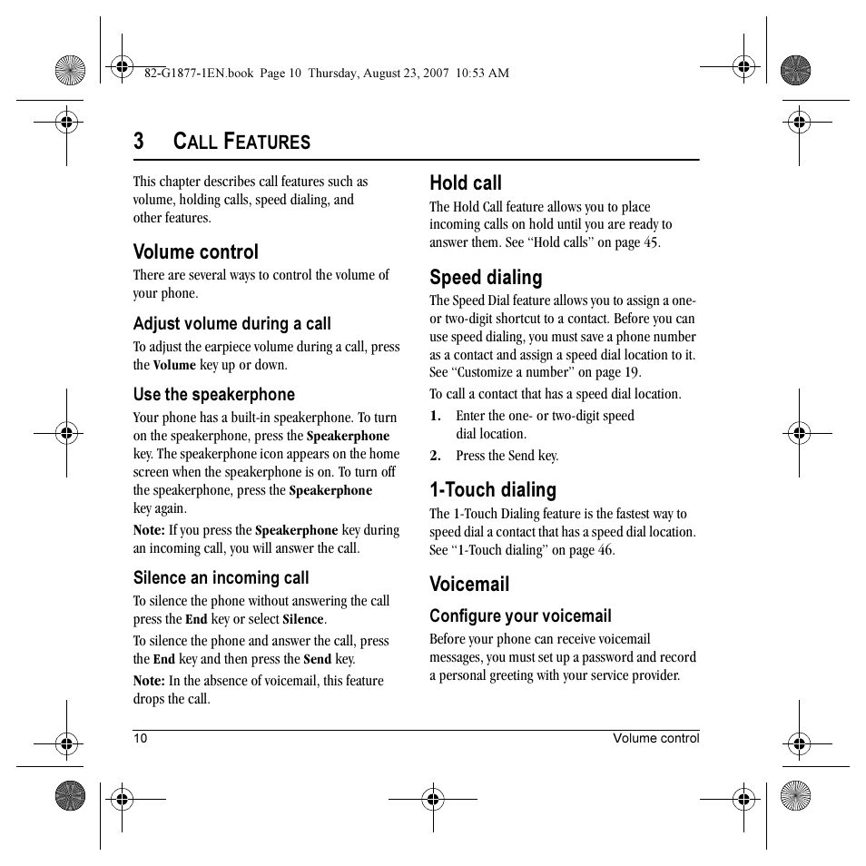 Volume control, Hold call, Speed dialing | Touch dialing, Voicemail | Kyocera Deco E1000 User Manual | Page 18 / 80