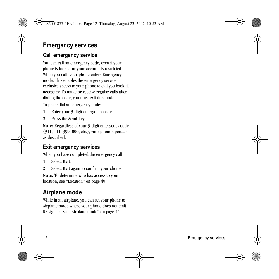 Emergency services, Airplane mode | Kyocera Deco E1000 User Manual | Page 20 / 80