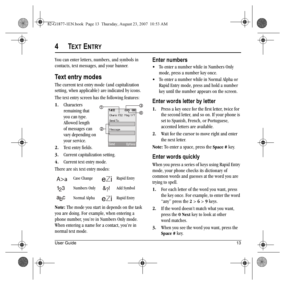 Text entry modes, Ntry | Kyocera Deco E1000 User Manual | Page 21 / 80