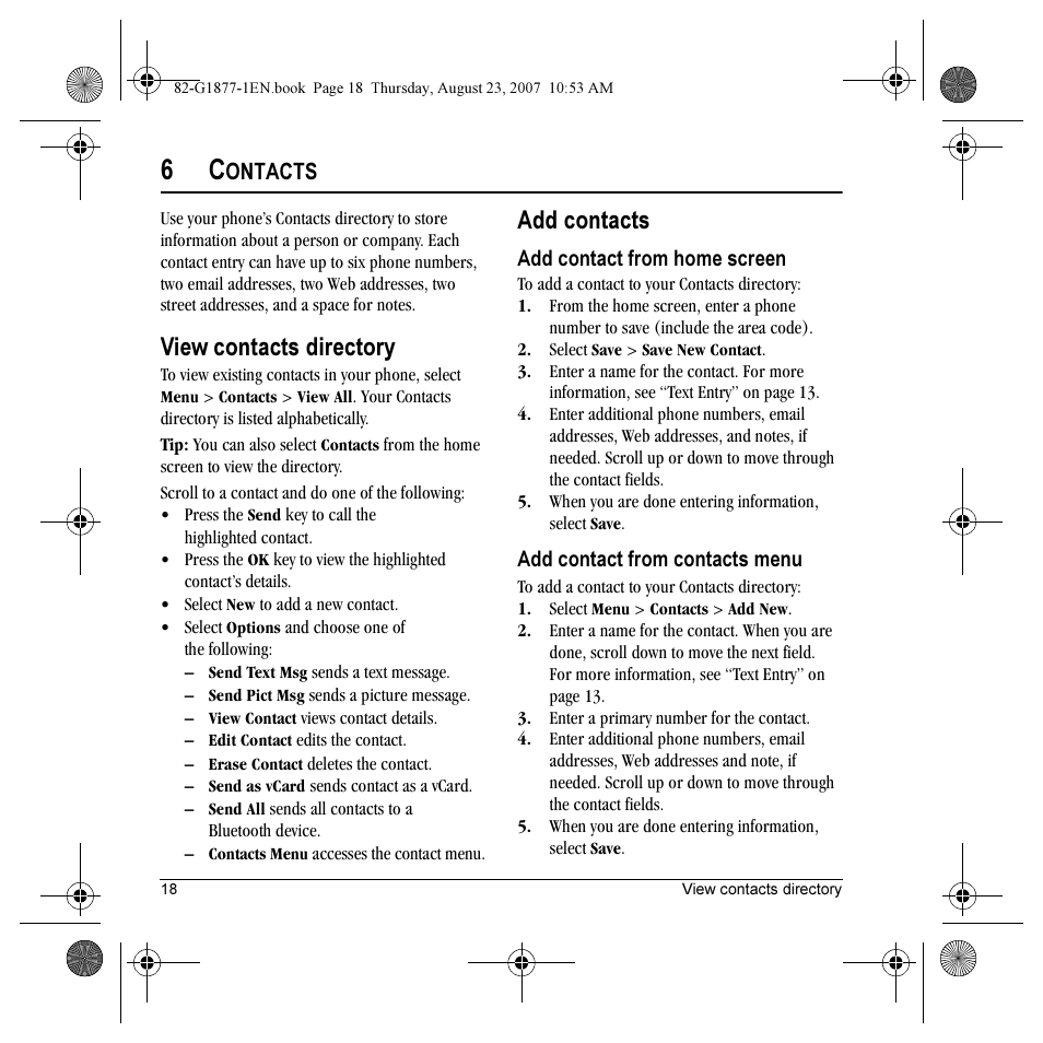 View contacts directory, Add contacts, Ontacts | Kyocera Deco E1000 User Manual | Page 26 / 80