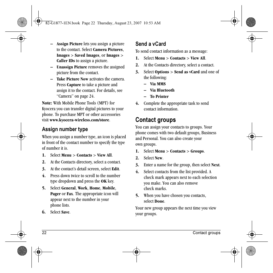 Contact groups | Kyocera Deco E1000 User Manual | Page 30 / 80