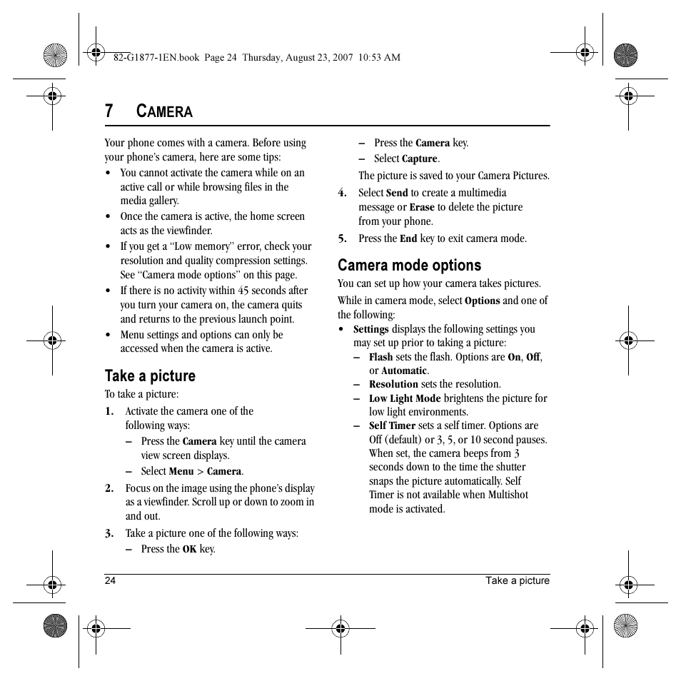 Take a picture, Camera mode options, Amera | Kyocera Deco E1000 User Manual | Page 32 / 80