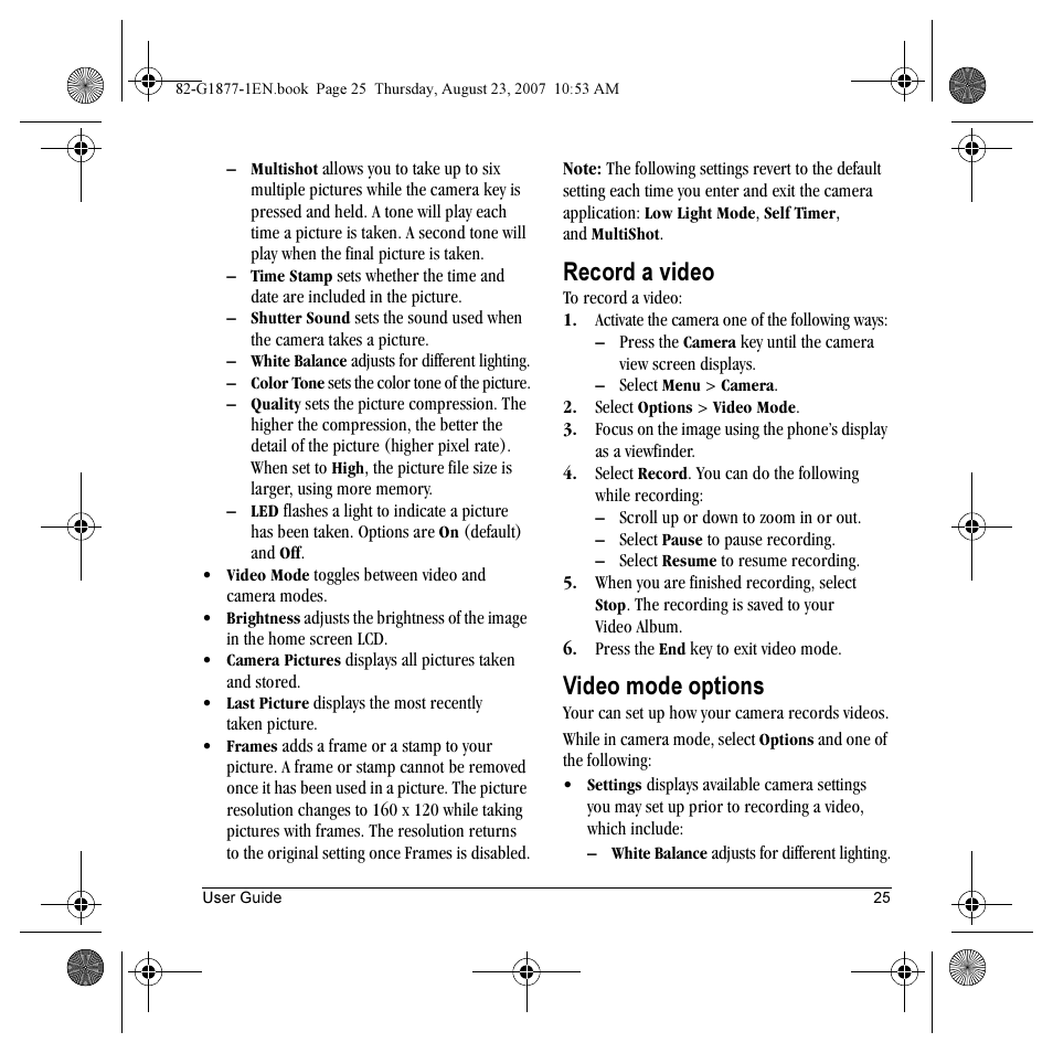 Record a video, Video mode options | Kyocera Deco E1000 User Manual | Page 33 / 80