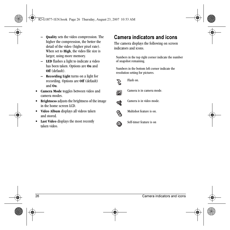 Camera indicators and icons | Kyocera Deco E1000 User Manual | Page 34 / 80