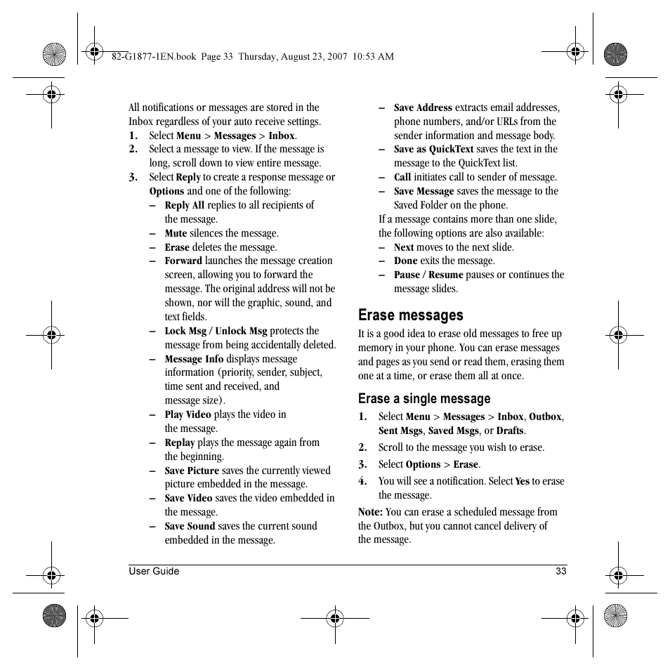 Erase messages | Kyocera Deco E1000 User Manual | Page 41 / 80