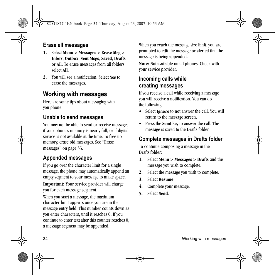 Working with messages | Kyocera Deco E1000 User Manual | Page 42 / 80