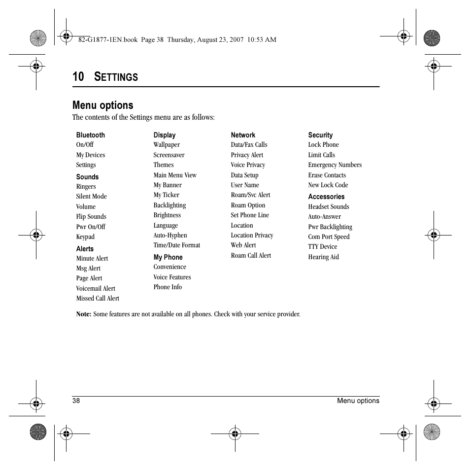 10 s, Menu options, Ettings | Kyocera Deco E1000 User Manual | Page 46 / 80