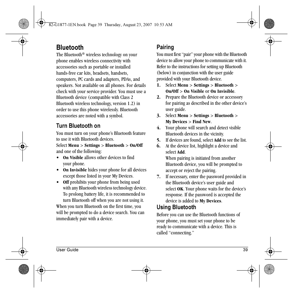 Bluetooth | Kyocera Deco E1000 User Manual | Page 47 / 80