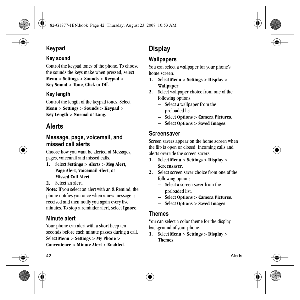 Alerts, Display | Kyocera Deco E1000 User Manual | Page 50 / 80