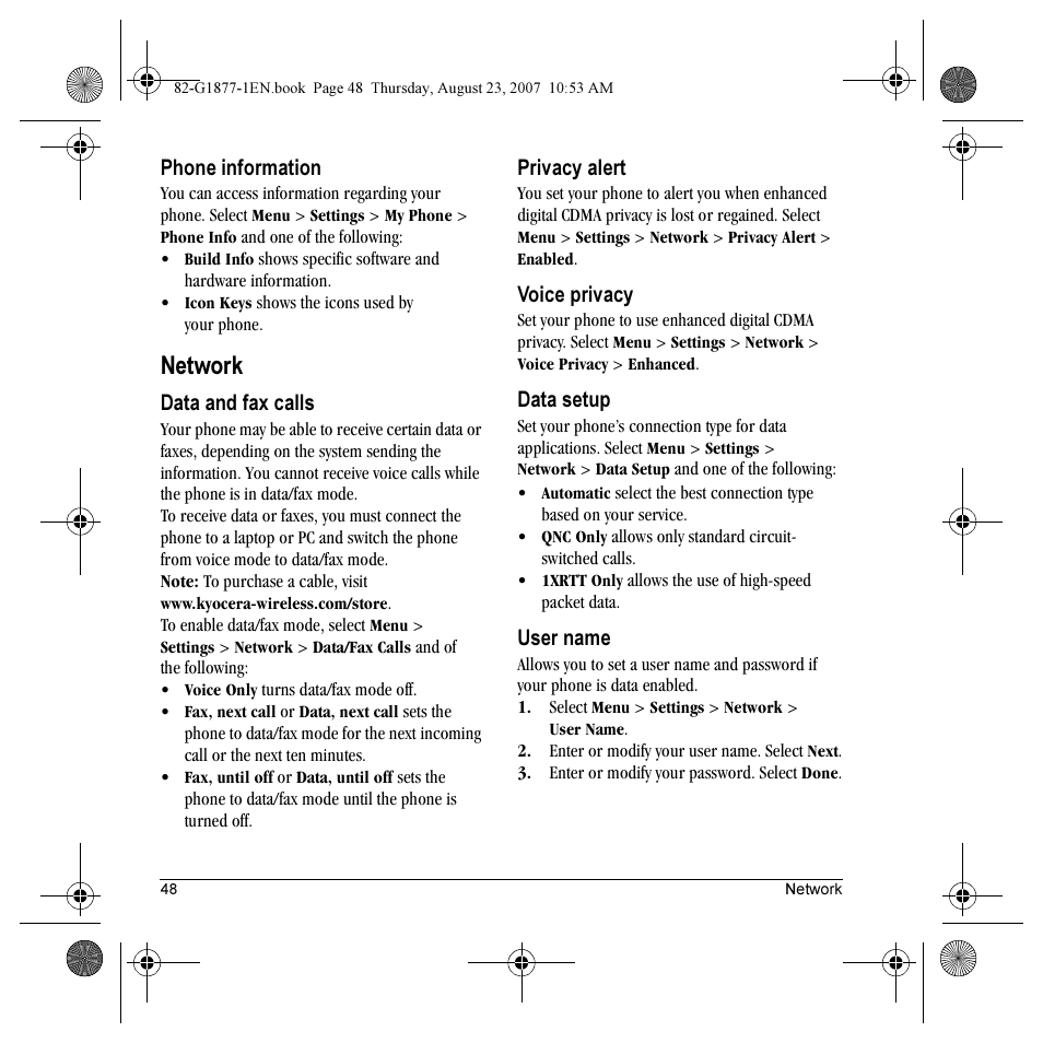 Network | Kyocera Deco E1000 User Manual | Page 56 / 80