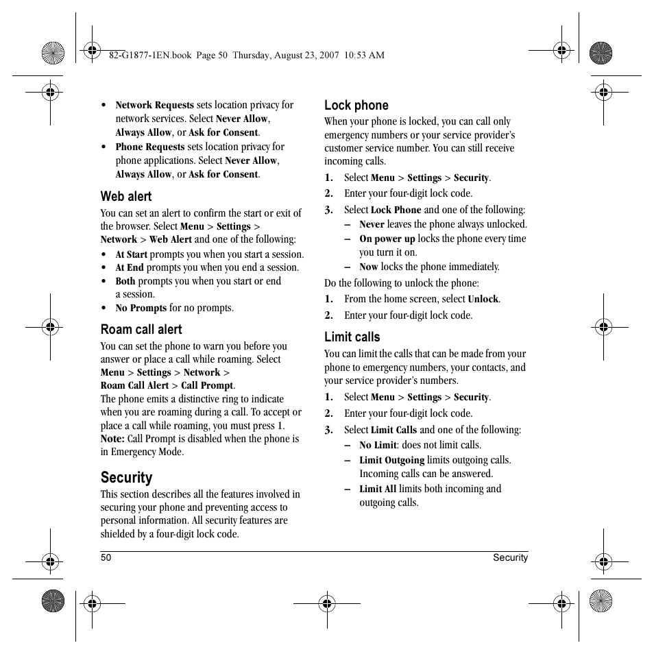 Security | Kyocera Deco E1000 User Manual | Page 58 / 80