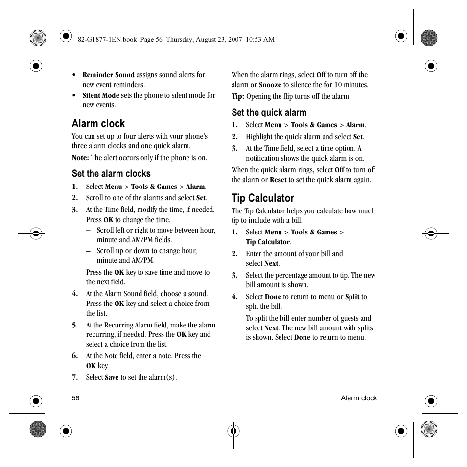 Alarm clock, Tip calculator | Kyocera Deco E1000 User Manual | Page 64 / 80