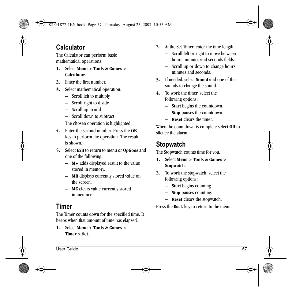 Calculator, Timer, Stopwatch | Kyocera Deco E1000 User Manual | Page 65 / 80