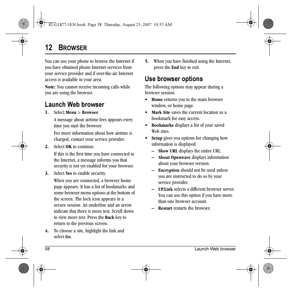 12 b, Launch web browser, Use browser options | Rowser | Kyocera Deco E1000 User Manual | Page 66 / 80