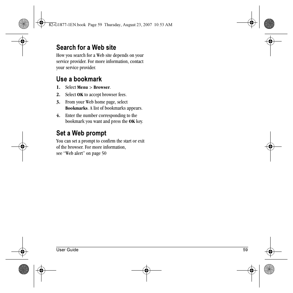 Search for a web site, Use a bookmark, Set a web prompt | Kyocera Deco E1000 User Manual | Page 67 / 80