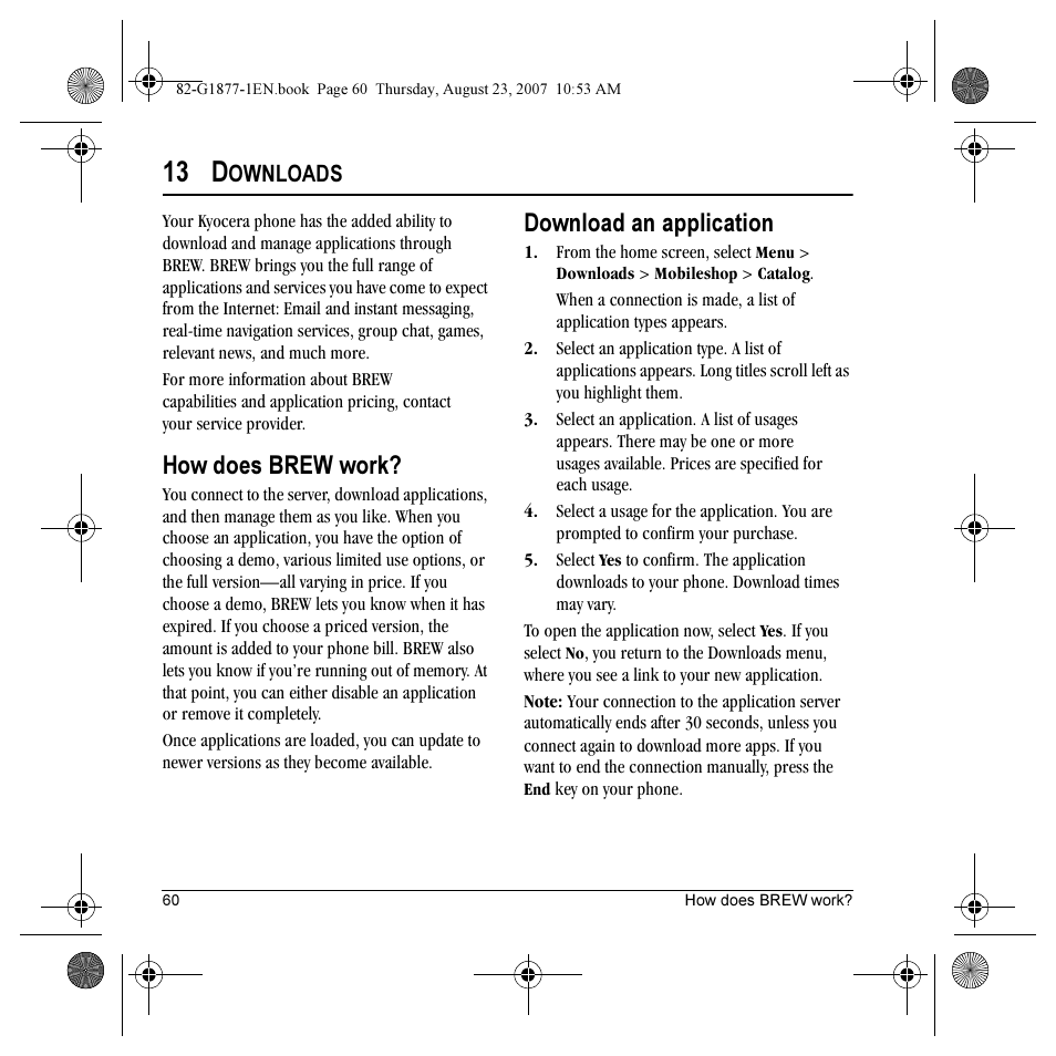 13 d, How does brew work, Download an application | Ownloads | Kyocera Deco E1000 User Manual | Page 68 / 80