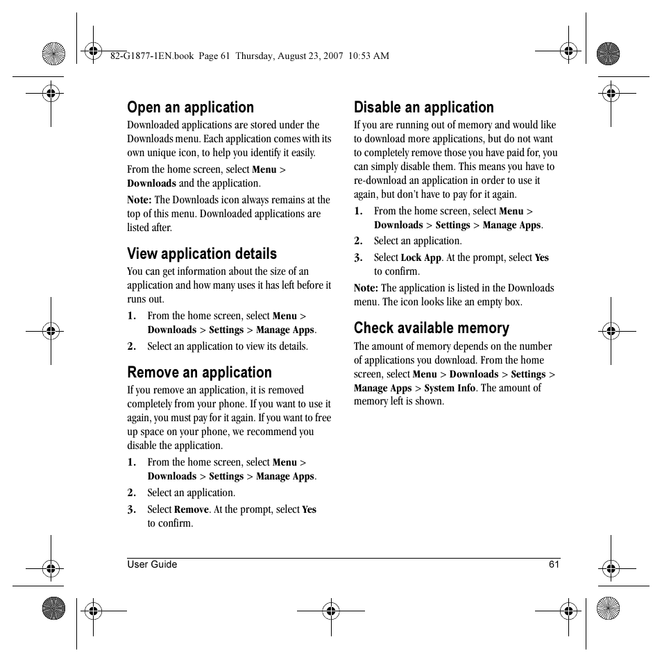 Open an application, View application details, Remove an application | Disable an application | Kyocera Deco E1000 User Manual | Page 69 / 80