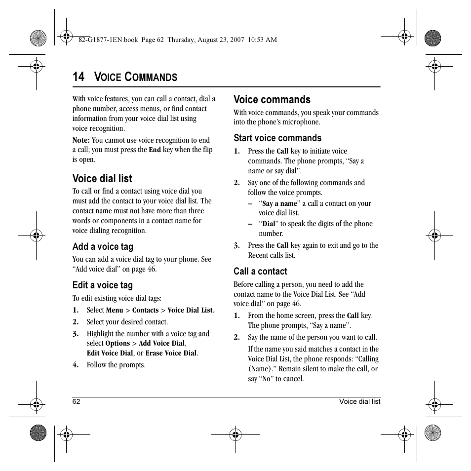 14 v, Voice dial list, Voice commands | Oice, Ommands | Kyocera Deco E1000 User Manual | Page 70 / 80