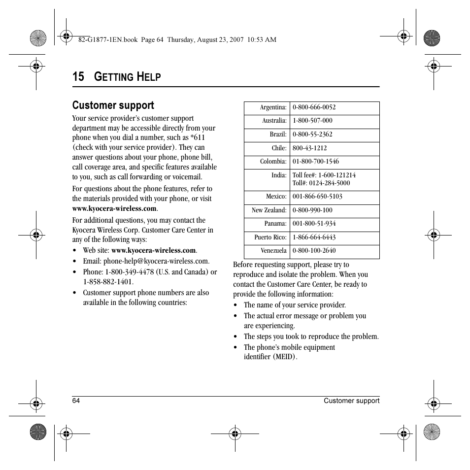 15 g, Customer support, Etting | Kyocera Deco E1000 User Manual | Page 72 / 80