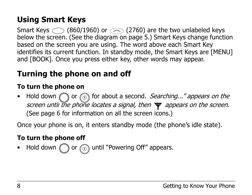 Using smart keys, Turning the phone on and off | Kyocera EN User Manual | Page 18 / 105