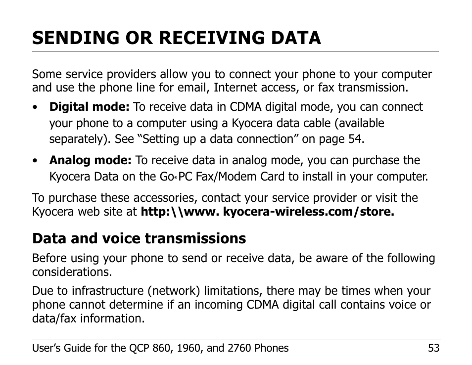 Sending or receiving data, Data and voice transmissions | Kyocera EN User Manual | Page 63 / 105