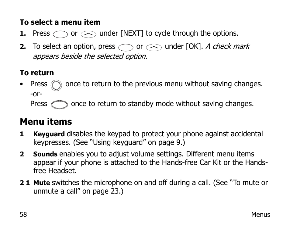 Menu items | Kyocera EN User Manual | Page 68 / 105