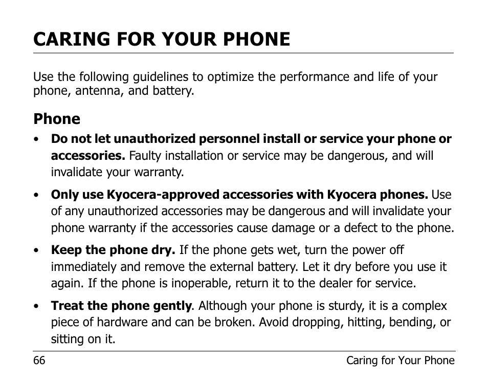 Caring for your phone, Phone | Kyocera EN User Manual | Page 76 / 105