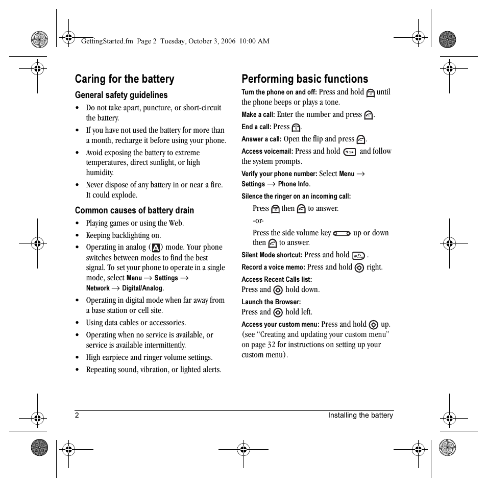 Caring for the battery, Performing basic functions | Kyocera K132 User Manual | Page 10 / 64