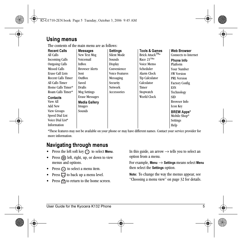 Using menus navigating through menus | Kyocera K132 User Manual | Page 13 / 64
