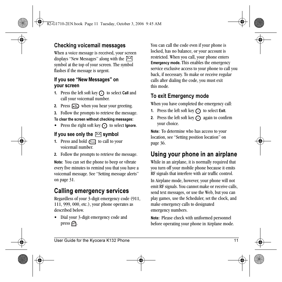 Calling emergency services, Using your phone in an airplane | Kyocera K132 User Manual | Page 19 / 64