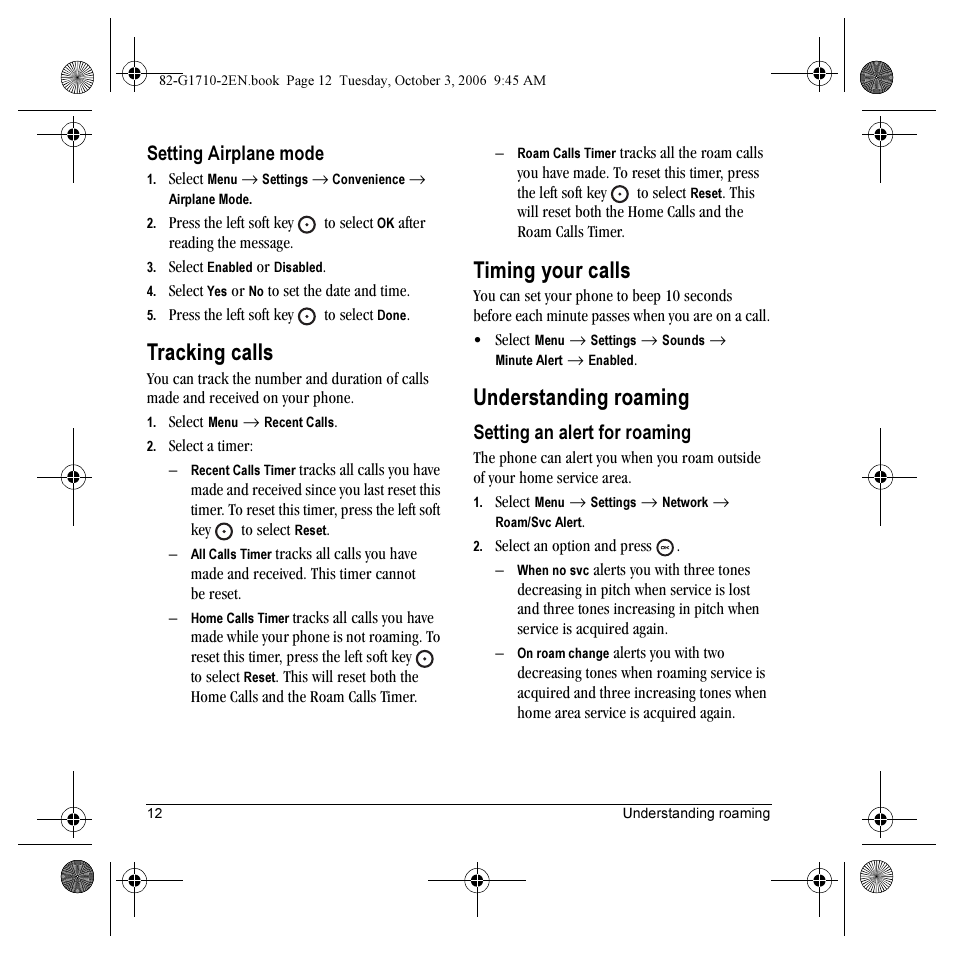 Tracking calls, Timing your calls, Understanding roaming | Setting airplane mode, Setting an alert for roaming | Kyocera K132 User Manual | Page 20 / 64