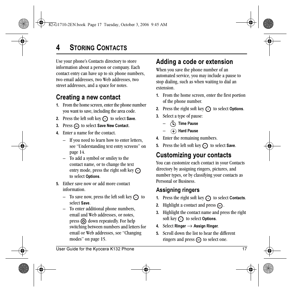 Creating a new contact, Adding a code or extension, Customizing your contacts | Toring, Ontacts | Kyocera K132 User Manual | Page 25 / 64