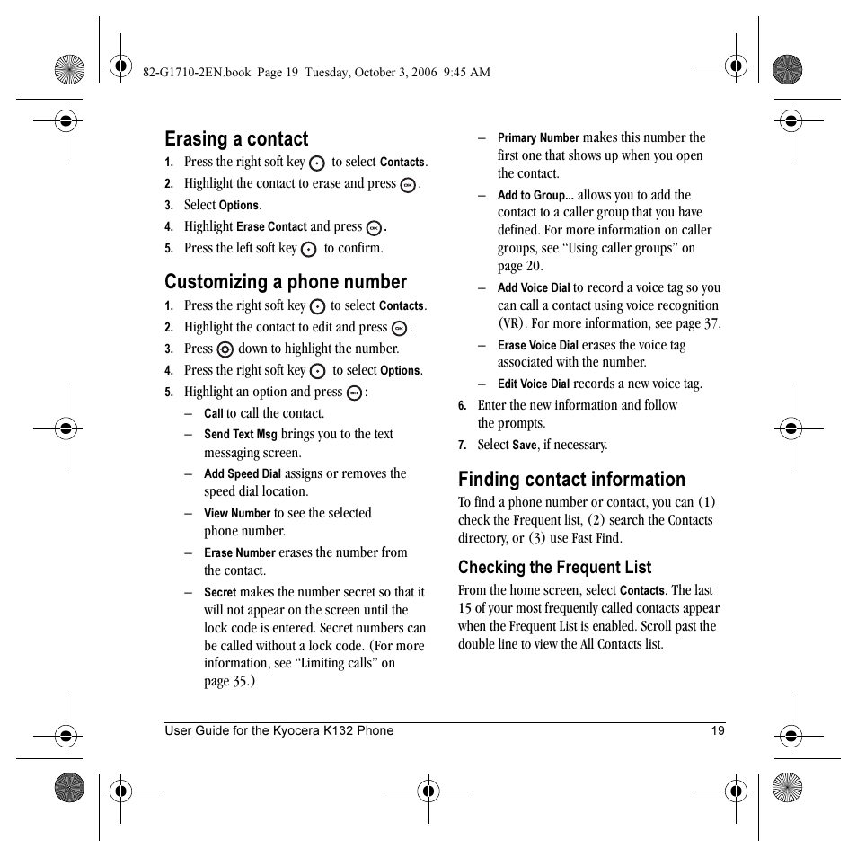 Erasing a contact, Customizing a phone number, Finding contact information | Checking the frequent list | Kyocera K132 User Manual | Page 27 / 64