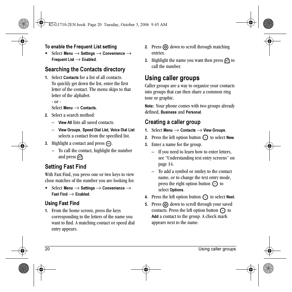 Using caller groups, Searching the contacts directory, Setting fast find | Creating a caller group | Kyocera K132 User Manual | Page 28 / 64