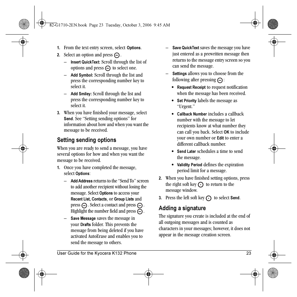 Setting sending options, Adding a signature | Kyocera K132 User Manual | Page 31 / 64
