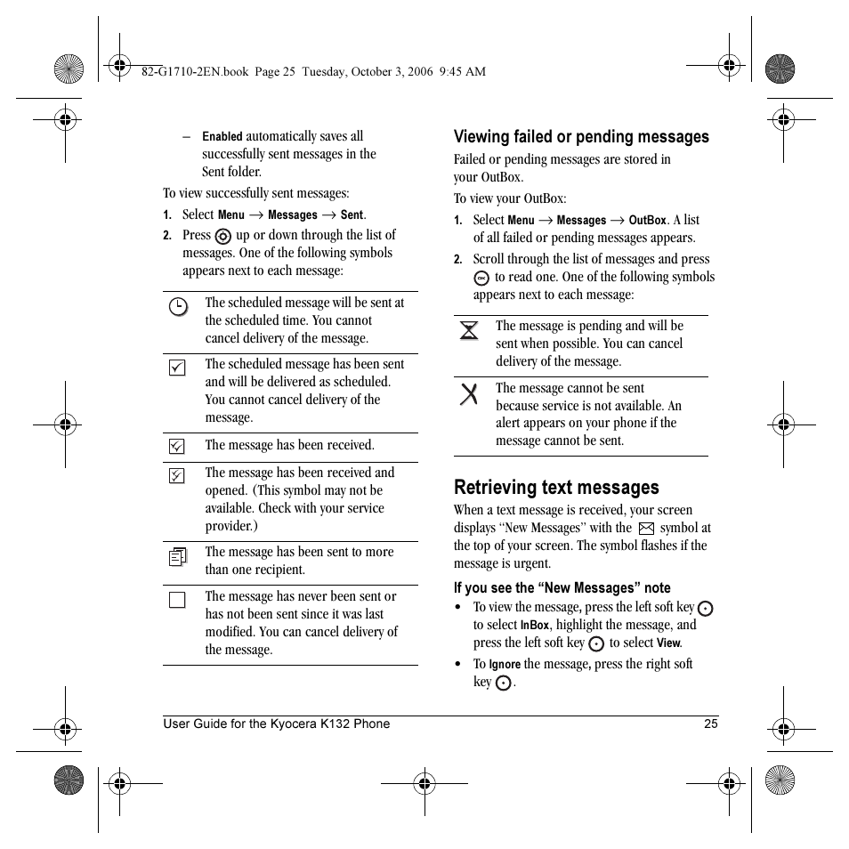 Retrieving text messages, Viewing failed or pending messages | Kyocera K132 User Manual | Page 33 / 64
