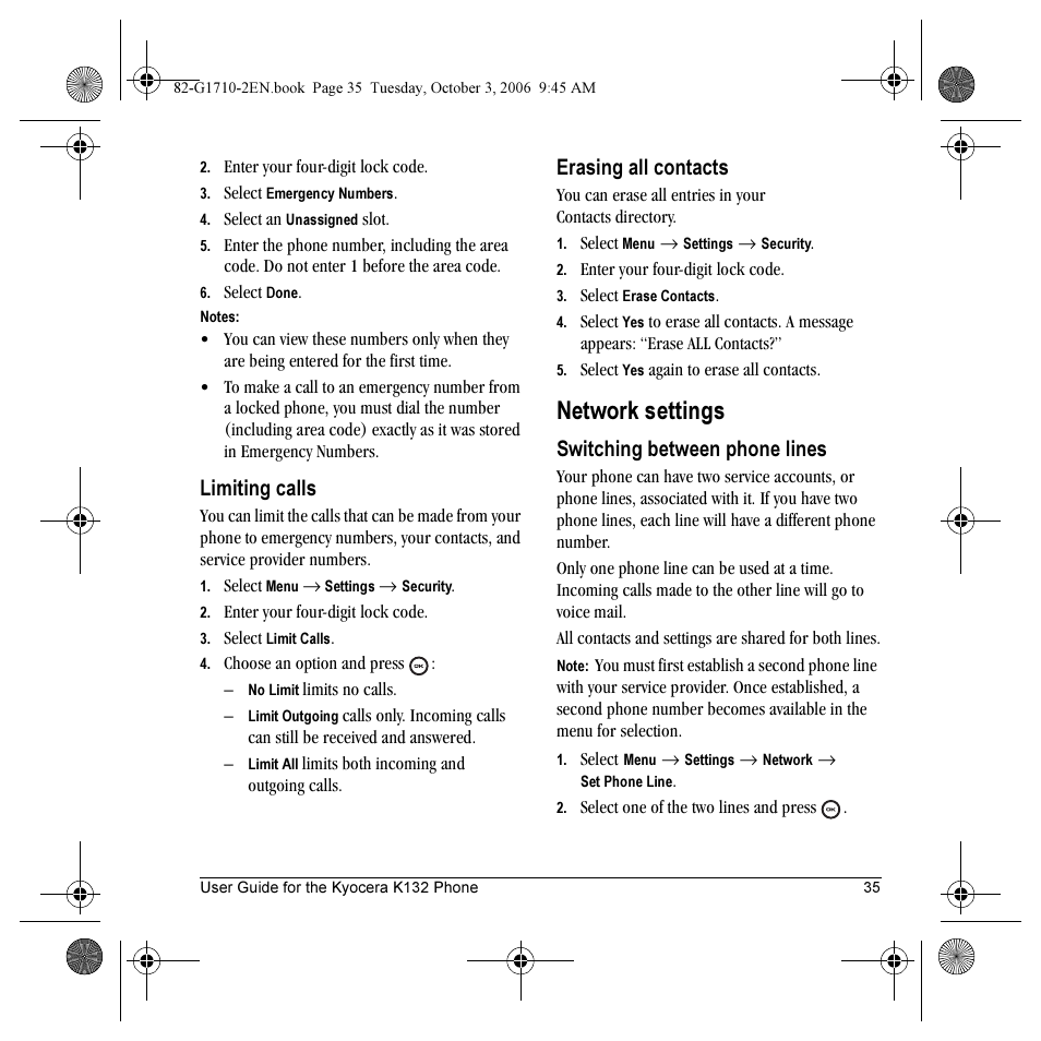 Network settings, Limiting calls, Erasing all contacts | Switching between phone lines | Kyocera K132 User Manual | Page 43 / 64
