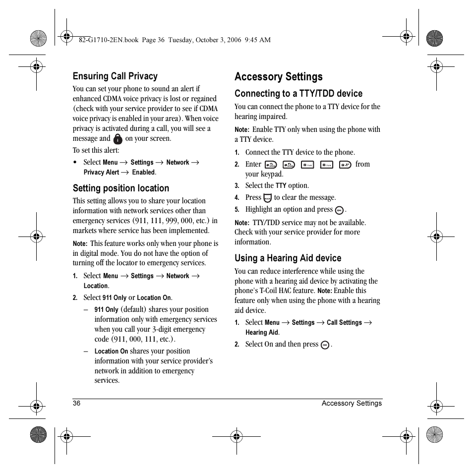 Accessory settings, Ensuring call privacy, Setting position location | Connecting to a tty/tdd device, Using a hearing aid device | Kyocera K132 User Manual | Page 44 / 64