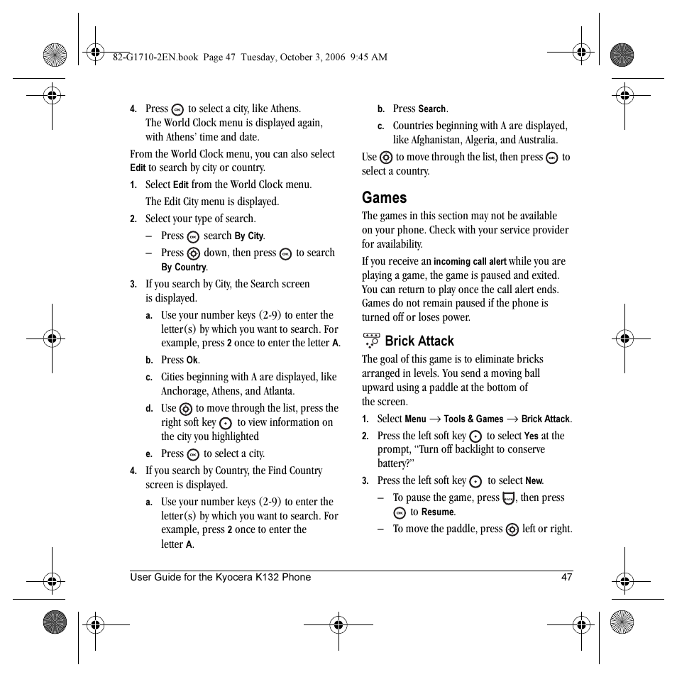 Games, Brick attack | Kyocera K132 User Manual | Page 55 / 64