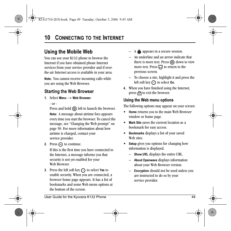10 c, Using the mobile web, Onnecting | Nternet | Kyocera K132 User Manual | Page 57 / 64