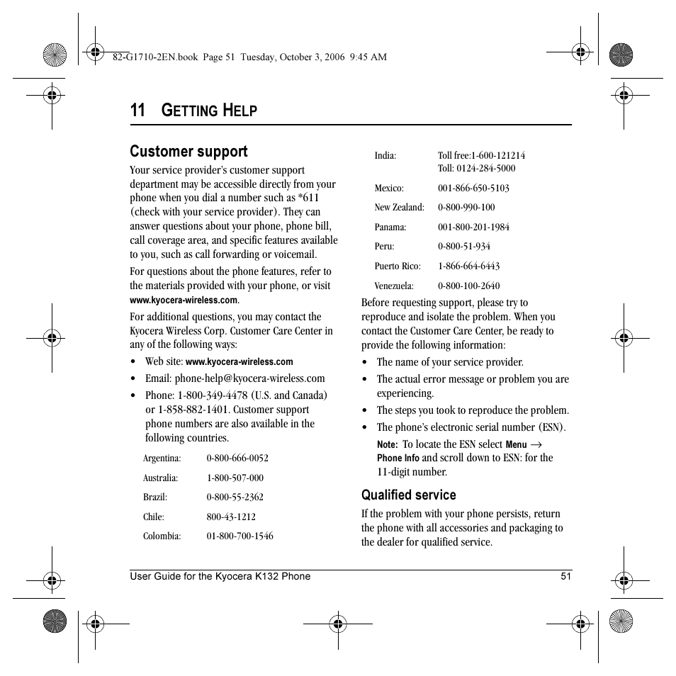 11 g, Customer support, Etting | Qualified service | Kyocera K132 User Manual | Page 59 / 64