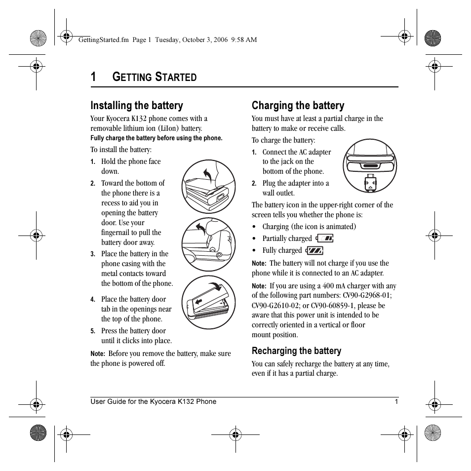 Installing the battery, Charging the battery, Etting | Tarted | Kyocera K132 User Manual | Page 9 / 64