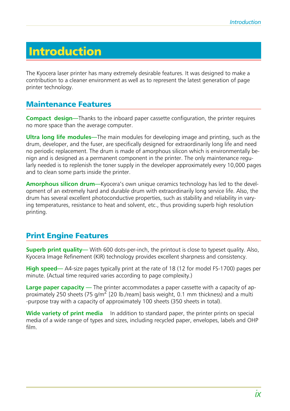 Introduction, Maintenance features, Print engine features | Kyocera FS-3700 User Manual | Page 10 / 116