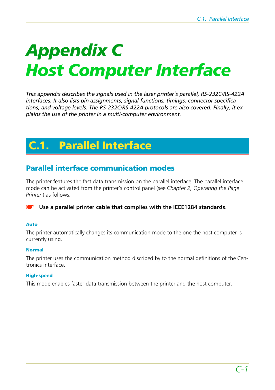 C.1. parallel interface, Parallel interface communication modes, Appendix c host computer interface | Kyocera FS-3700 User Manual | Page 101 / 116