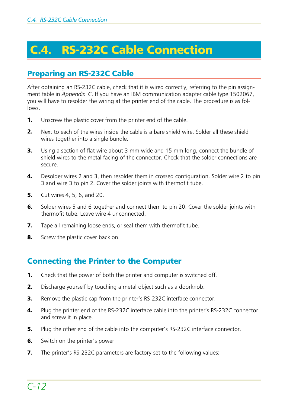 C.4. rs-232c cable connection, Preparing an rs-232c cable, Connecting the printer to the computer | C-12 | Kyocera FS-3700 User Manual | Page 112 / 116