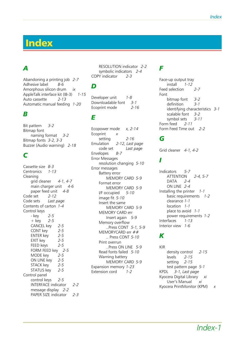 Index, Index-1 | Kyocera FS-3700 User Manual | Page 114 / 116